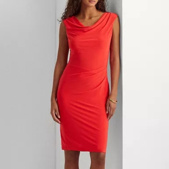 Lauren Ralph Lauren Coral Orange Draped Cowl Neck Stretch Jersey Dress Size 6P - Picture 9 of 9